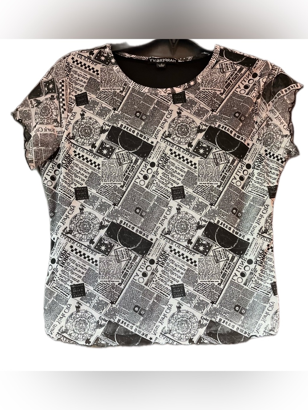 Harper & Ivy Newspaper Print Mesh Baby Tee Top Black White Y2K Grunge L